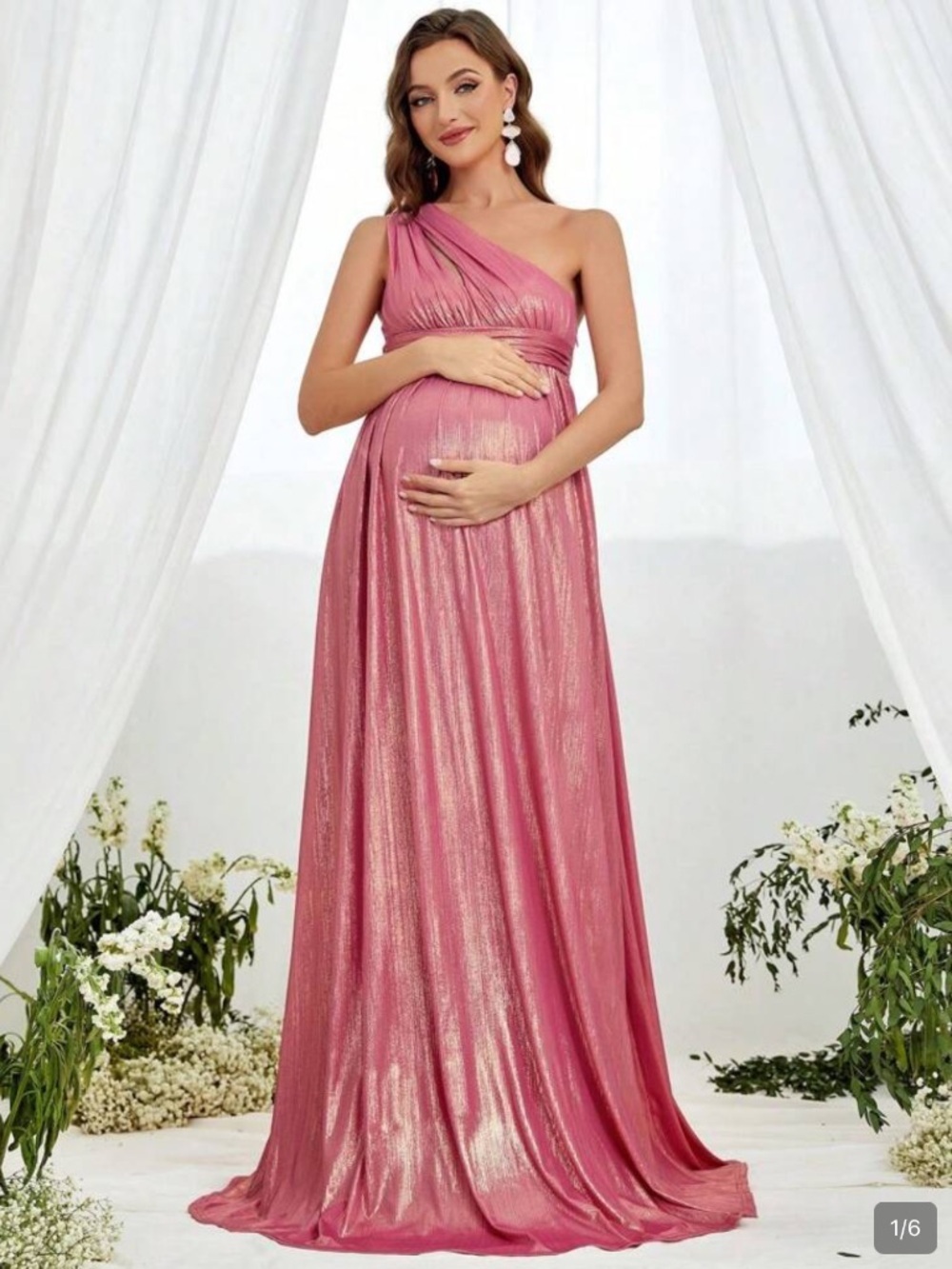Faeriesty Dressalisa Maternity One Shoulder Floor Length Pink Metallic Gown - Picture 3 of 11